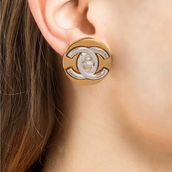 Chanel Vintage Bicolor Turn Lock Coco Earrings Gold Silver W/Box - Picture 16 of 16